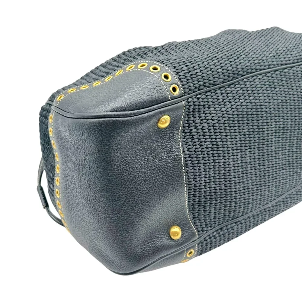Prada Black Raffia Rivet Studded Doctors Handbag